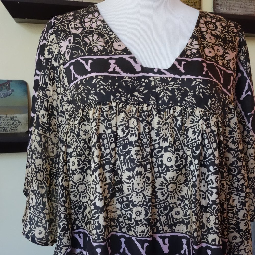 Anthropologie Sunner Floral Silk Kimono Wing Blouse Tunic Top Loose Fit Medium